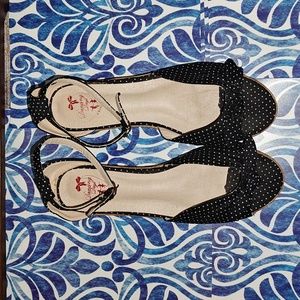 Banned Apparel Riri West Vintage Retro Denim Bow Polka Dot Flats Platform Heel